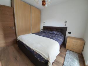 1 dormitorio con 1 cama y armario de madera en Appartamento Divina, en Valdisotto