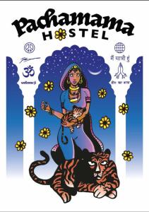 Ein Poster einer Frau, die auf einem Tiger sitzt. in der Unterkunft Pachamama Hostel in Jaipur