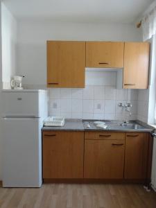 cocina con nevera blanca y armarios de madera en Apartments & Rooms Karmela, en Banjol
