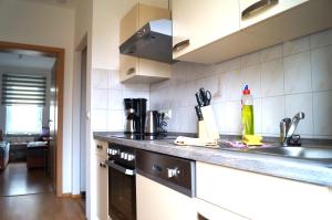 cocina con fregadero y encimera en Ferienwohnung Holzhausen, en Leipzig