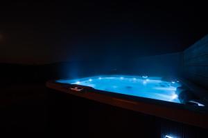 a blue tub with lights in a dark room at Aurora Borealis Observatory in Silsand