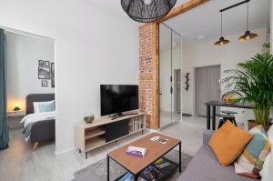 uma sala de estar com um sofá e uma televisão em Mikroklimatyczny apartament dla 4 osób em Szklarska Poręba