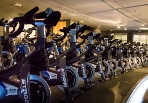 a row of exercise bikes in a gym at Flamingo Resort in Santa Rosa