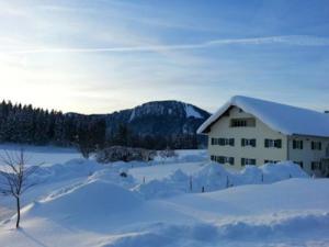 ein Haus auf einem schneebedeckten Feld in der Unterkunft Landhaus Mohr in Immenstadt im Allgäu