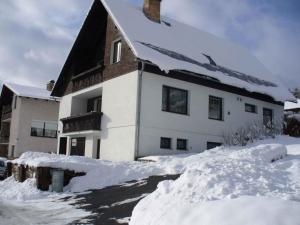 een huis bedekt met sneeuw met een berg sneeuw bij Apartment in Rokytnice nad Jizerou 2471 in Rokytnice nad Jizerou