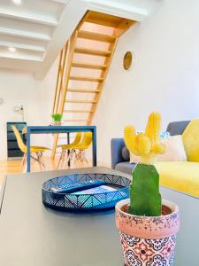 a table with a cactus in a pot on a table at Porto Wine Loft Duplex with swimming pool in Vila Nova de Gaia