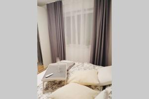 Schlafzimmer mit einem Bett und einem Spiegel in der Unterkunft LEON Apartment NEU! Gemütlichkeit an erster Stelle in Linz