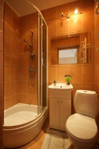 een badkamer met een toilet, een douche en een wastafel bij Pokoje Klaudia in Darłowo
