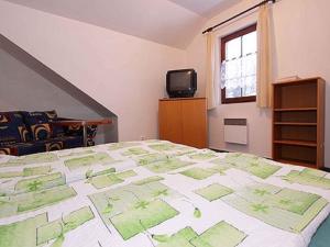 um quarto com uma cama grande com um padrão verde em Apartments in Desna/Isergebirge 1786 em Šumburk nad Desnou