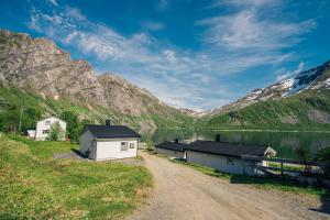 Senja Fjordcamp في Torsken: طريق ترابي بجانب بحيرة بها جبال