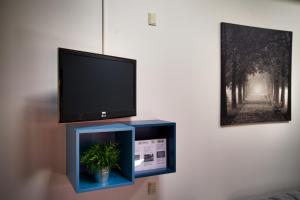 a flat screen tv on a stand with a plant at Danhostel Ishøj Strand in Ishøj