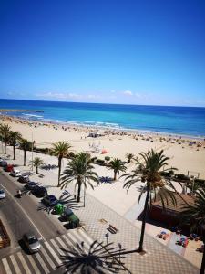 a beach with palm trees and a beach with people at Tout près de la plage in Puerto de Sagunto