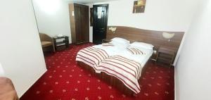 a hotel room with a large bed with a red carpet at Complex Caprice-Monteoru in Sărata-Monteoru