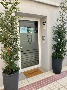 two potted trees sitting in front of a door at Hostal El Caprichito Marbella in Marbella