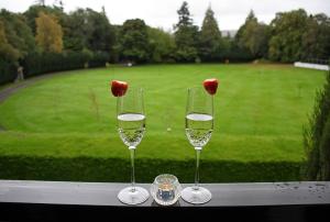two wine glasses sitting on a table with a green field at Gleneagles Luxury Apartments in Auchterarder