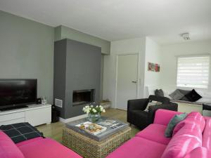 een woonkamer met een roze bank en een tv bij Holiday home in a rural location near sea in Zuidzande