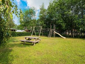 un parque con mesa de picnic y parque infantil en Pretty Holiday Home in Vroomshoop with Garden, en Vroomshoop