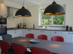 a kitchen with a table and red chairs at Beautiful villa, Den Burg Texel in Westermient