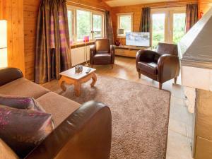 オーテマルスムにあるCosily furnished chalet with gas fireplace, in a holiday park in Twenteのリビングルーム(ソファ、椅子、テレビ付)