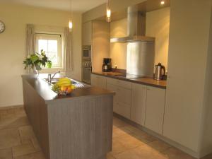 a kitchen with a sink and a bowl of fruit on a counter at Stylish Holiday Home in Zuidzande with Sauna in Zuidzande