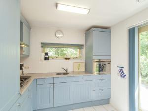 een keuken met blauwe kasten en een raam bij Villa with garden and fireplace in Oudemirdum