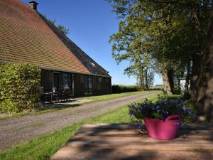 een huis met een roze bloempot voor een weg bij Rural holiday home with a lovely sunny terrace in Workum