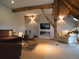 uma sala de estar com um sofá e uma lareira em Stylish Farmhouse in Nieuwleusen with Private Garden and Sauna em Nieuwleusen