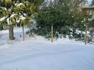 a snow covered yard with a fence and trees at Charming Chalet in Stegeren near Forest in Stegeren