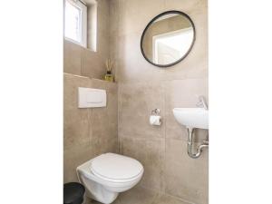 a bathroom with a toilet and a sink and a mirror at Sunny Bungalow in Heart of Texel in De Cocksdorp +6 photos