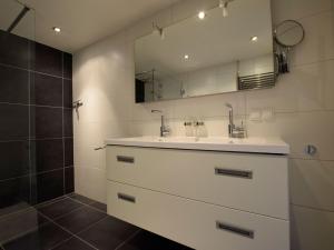 a bathroom with a white sink and a shower at Terrace Apartment with Lush Garden in Voorburg