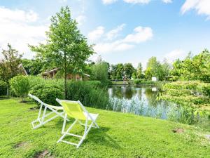 duas cadeiras sentadas na relva ao lado de um lago em Comfortable waterside holiday villa em Biddinghuizen