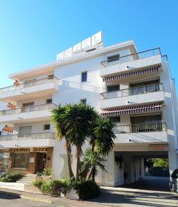 a white building with a palm tree in front of it at Hôtel Restaurant Brasilia in Cagnes-sur-Mer