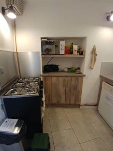 Gîte Pilpoil في سولت دي فوكلوز: مطبخ فيه موقد وكاونتر