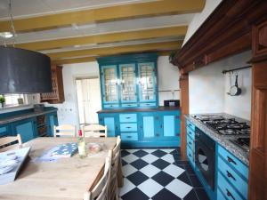 a kitchen with blue cabinets and a checkered floor at Nicely decorated villa with garden, near the sea in Hippolytushoef