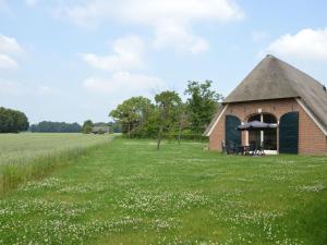 a building with a thatched roof in a field at Staying in a thatched barn with box bed beautiful view region Achterhoek in Geesteren