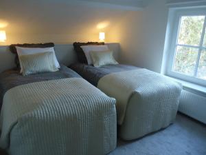 1 dormitorio con 2 camas y ventana en Cosy holiday home overlooking the meadows, en Spijk