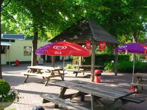 un gruppo di tavoli da picnic con ombrelloni su un patio di Spacious Holiday Home with Swimming Pool near Sea in Vodnjan a Westerbork