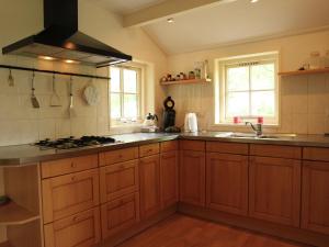 cocina con armarios de madera y horno con fogones en Holiday home in quiet surroundings, en Sintjohannesga