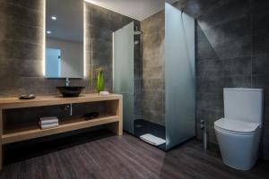 a bathroom with a toilet and a sink and a mirror at Senhora da Rosa, Tradition & Nature Hotel in Ponta Delgada