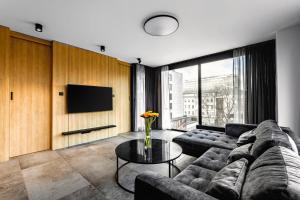 a living room with a couch and a tv at PLATiNIUM RESIDENCE&SPA BASEN-SAUNA CENTRUM in Lublin