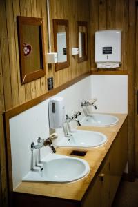 two sinks in a public bathroom with wooden walls at Balmers Hostel in Interlaken