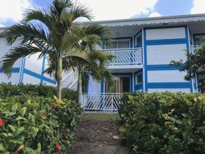 a blue house with a palm tree in front of it at STUDIO DJANGO in Saint-François