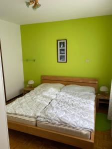 Cama en habitación con pared verde en CASA PONTE: Gordola, en Gordola