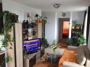 a living room filled with lots of potted plants at Тристаен апартамент с Панорама море в к-с Бей Вю Царево in Tsarevo