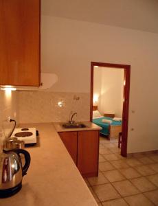 a kitchen with a sink and a room with a bed at Villa Melini in Patitiri
