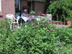 einen Garten mit 2 Stühlen, einem Tisch und Blumen in der Unterkunft Ferienwohnung Zur Löwengrube in Brietlingen