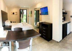 a bedroom with a bed and a table and a television at Windmuhle Apart Hotel & Spa in Villa General Belgrano