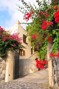 un jardín con flores rojas y una puerta en Le Mànnare Case Vacanze di Metopa srl, en Piano Conte