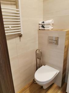 a bathroom with a toilet and towels on a shelf at Serce Puszczy Wiartel in Wiartel