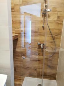 a shower with a glass door in a bathroom at Serce Puszczy Wiartel in Wiartel